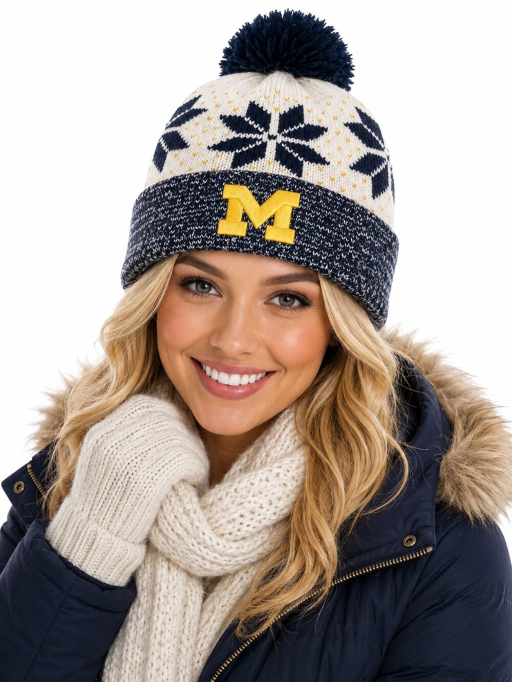 Michigan Wolverines Womens Hat Fan Favorite Striped Pom Maize Blue
